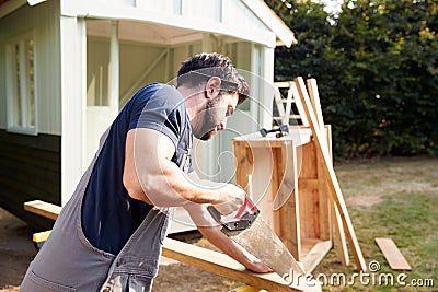 Male Carpenter With Female Apprentice Sawing Wood To Build Outdoor Summerhouse In Garden Stock Photo