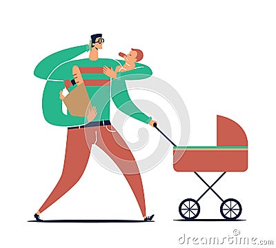 Male cartoon character with many hands carries child, stroller, bag with purchases and talks on phone isolated on white Vector Illustration