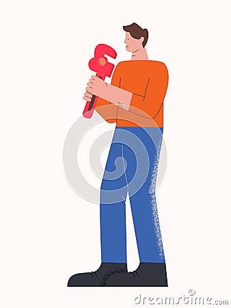 Male casual character smiling plumber carrying tool isolated on white Vector Illustration