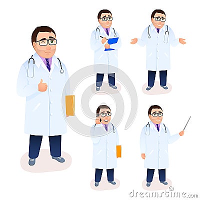 Male caucasian doctors set on white background. Vector Illustration