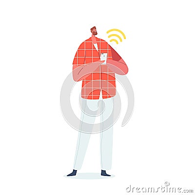 Male Character Checks His Smartphone, Browsing The Internet Using Wi-fi. Man Taking Advantage Of The Convenience Vector Illustration