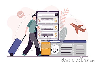 Male character choose and book plane ticket on phone screen. Happy cartoon man with suitcase tracked prices in mobile Vector Illustration