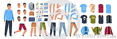 Male character constructor. Cartoon guy with set of different clothes and body parts with poses and gestures. Vector Vector Illustration
