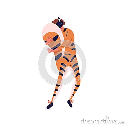Male character in cute tiger costume hiding behind fluffy tail vector flat illustration. Funny guy in masquerade apparel Vector Illustration