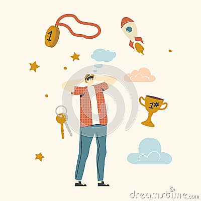 Male Character Dreaming of Success. Man Thinking of Wealth, Rocket Flying in Sky, Golden Cup, Keys Bunch, Winner Medal Vector Illustration