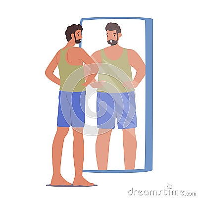 Male Character with Dysmorphia. Slim Man Gazes Into The Mirror, Perceive Himself As Overweight, Vector Illustration Vector Illustration