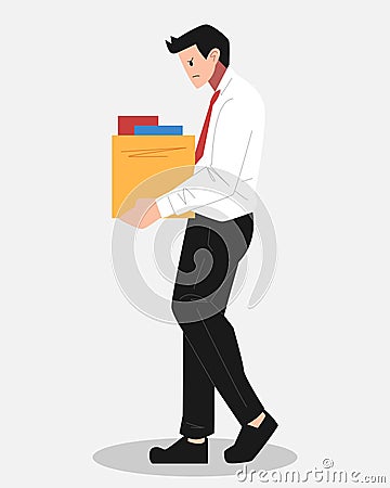 male character experiencing dismissal of employee from office. carrying stuff in box. unhappy expression. flat vector illustration Vector Illustration