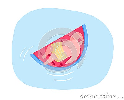 Male Character Floating on Inflatable Mattress in Shape of Watermelon Piece Enjoying Summer Time Vacation Vector Illustration