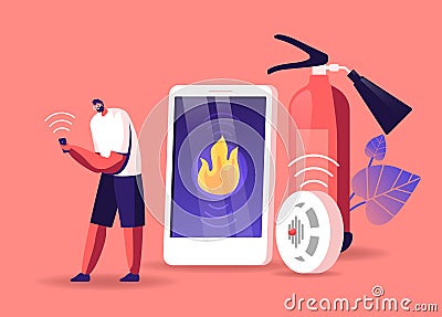 Male Character Get Notification from Smart Control System at Electronic Device Smartphone about Fire Accident Happen Vector Illustration