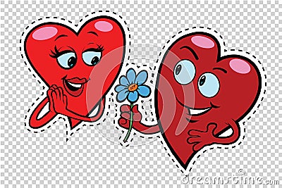 Male character gives a woman flowers, red hearts Valentines Vector Illustration