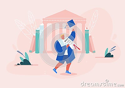 Male Character in Graduation Gown Holding Diploma Certificate in Hand Throw Up Academical Cap, University Graduation Vector Illustration