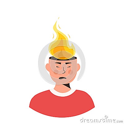 Male character head in fire vector flat illustration. Man or woman feeling stress at work, anger. Concept of emotional Vector Illustration