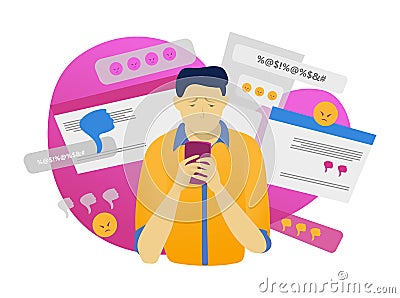 Male character hold mobile phone, online cyber bullying isolated on white, flat vector illustration. Modern technology Vector Illustration