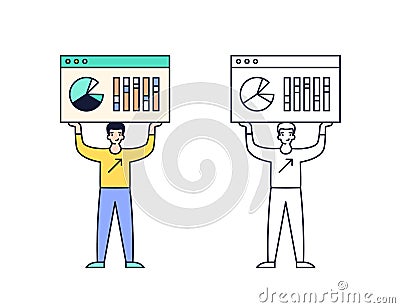 Male character holding banner with pie chart and bar graph. Specialist with a diagram. Colorful and monochrome line art Vector Illustration