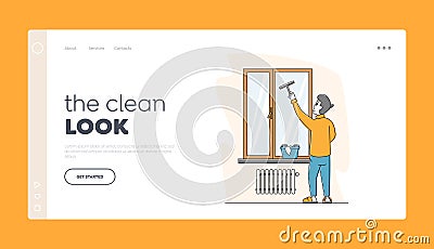 Male Character Household Activity Landing Page Template. Man Cleaning Home Wiping Window with Wet Rag and Scraper Chores Vector Illustration