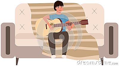 Male character learning to play guitar. Young boy guitarist creates music sitting on couch Vector Illustration