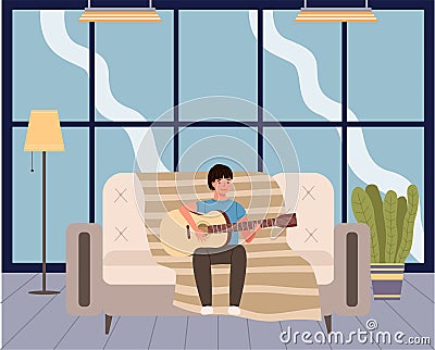 Male character learning to play guitar. Young boy guitarist creates music sitting on couch Vector Illustration