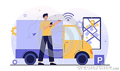 Male character near truck connected into platoon with connectivity technologies Vector Illustration