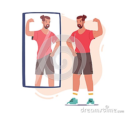 Male need Psychological Help, Low Self Esteem, Loathing and Anger Concept. Angry Athlete Man Show Muscles to Mirror Vector Illustration