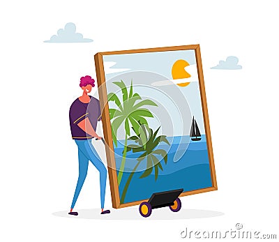 Male Character Presenting Masterpiece Art he Created. Man Show Picture with Palm Trees and Sailing Ship on Seascape Vector Illustration