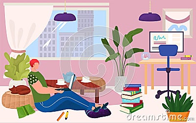 Male character professional specialist programmer freelancer work at home, man online remote employee banner flat vector Vector Illustration