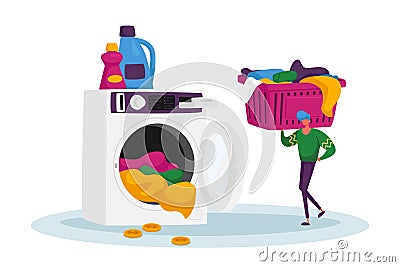 Male Character in Public Laundry Put Coin, Take Clean Clothes to Basket, Loading Dirty Clothing to Laundromat Machine Vector Illustration