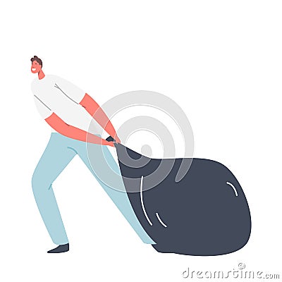 Male Character Pull Huge Black Sack Isolated on White Background. Man Carry Bag with Garbage, Businessman with Money Vector Illustration