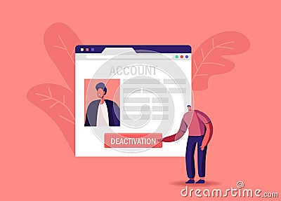 Male Character Push Deactivation Button Delete Social Account. Tiny Man at Huge Network Web Page Deleting Private Info Vector Illustration