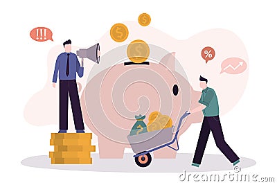 Male character rolls cart with gold coins. Businessman with megaphone encourages to invest. Employee investing or save Vector Illustration