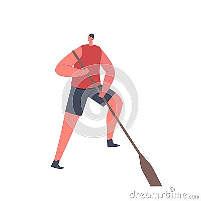 Male Character Rowing with Paddle. Sportsman Standing Isolated on White Background. Man wear Uniform during Kayaking Vector Illustration