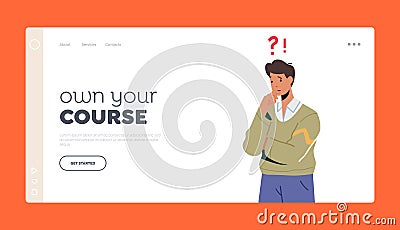 Male Character Search Solution, Decision Landing Page Template. Thoughtful Serious Business Man Stand with Question Mark Vector Illustration