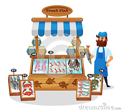 Male character, seller behind fish counter, with seafood in ice. Vector Illustration