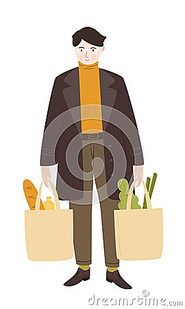 Male character shopping groceries. Man carrying full paper bags with food in both hands. Vector illustration isolated on Vector Illustration