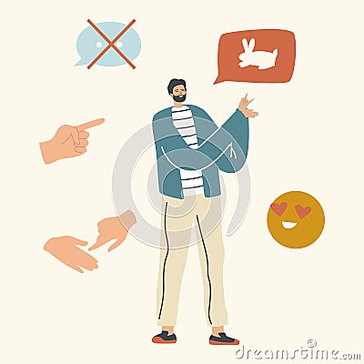 Male Character Show Hare on Palms Use Deaf and Dumb Gesture Language. Man Using Hand Gesturing Vector Illustration