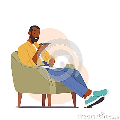 Male Character Sitting On Armchair With Smartphone And Laptop Isolated On White Background. Man Relax, Work Vector Illustration