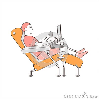 Male character works on laptop sitting in armchair. Man working remotely, isolated on white background. Home office Vector Illustration