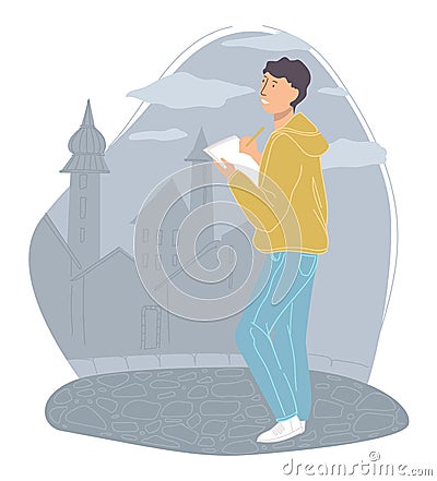 Male character sketching castles or cityscape Vector Illustration