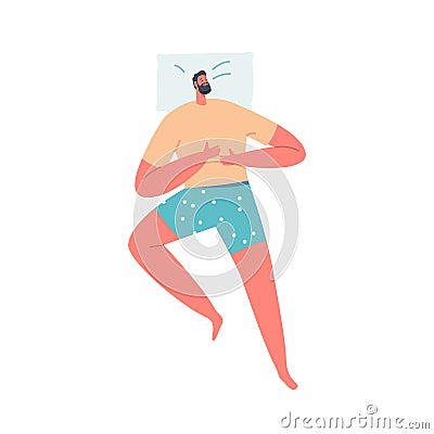 Male Character Sleeping Pose in Bed Top View. Young Man Wear Pajama Sleep or Nap on Back with Arms Lying on Stomach Vector Illustration