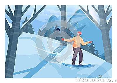 Male character on snowboard, freeriding tacking pictures. Snowboarder Vector Illustration