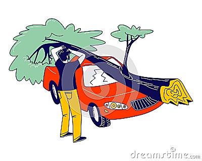 Male Character Stand at Broken Car with Fallen Tree Got into Tornado Windbreak. Nature Destruction Power Vector Illustration