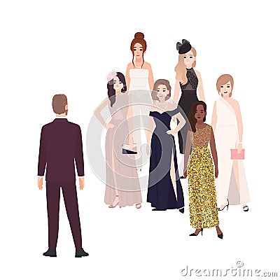 Male character standing in front of group of happy beautiful women dressed in elegant evening clothing. Popular man or Vector Illustration