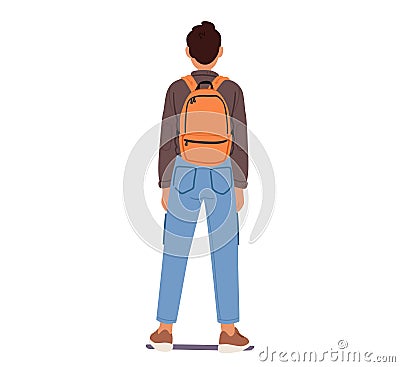 Male Character Strikes A Confident Pose With A Rucksack Snugly Strapped To His Back. Man With Shoulders Squared Vector Illustration