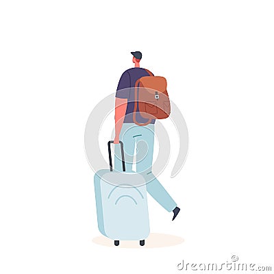 Male Character in Summer Clothes and Backpack Hold Luggage in Hands Rear View Isolated on White Background Vector Illustration