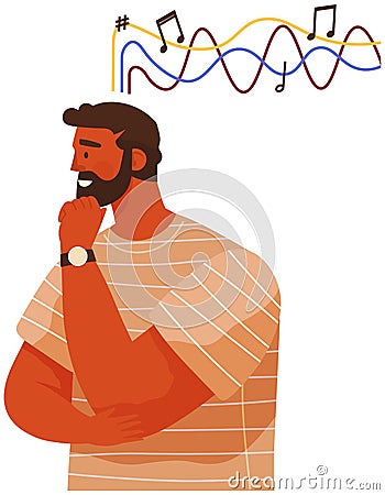 Male character thinks about music, musical art. Creativity, inspiration, development of imagination Vector Illustration