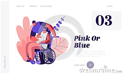 Male Character Touching Belly of Disabled Pregnant Woman on Wheelchair. Happy Family Relations, Pregnancy, People Awaiting Baby Vector Illustration