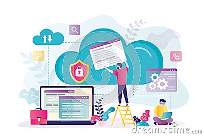 Male character transfers data to cloud storage. Worker configures and optimizes storage. Concept of cloud computing and data Vector Illustration