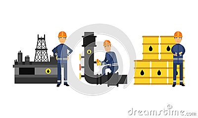 Male Character Turning Pipeline Valve Vector Illustration Set Vector Illustration