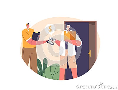 Male Character Uses Cashless Payment. Man Swiftly Paid The Courier Using A Qr Code, Simplifying The Transaction Vector Illustration