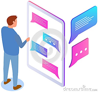 Male character uses smartphone application to chat. Messenger interface with message icons on screen Vector Illustration