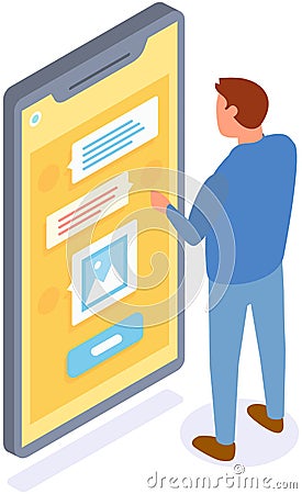 Male character uses smartphone to chat, easy message application. Man is chatting in messenger Vector Illustration